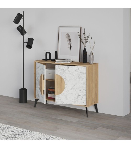 Madia Gora 110 cm struttura colore rovere con ante carrara effetto marmo bianco