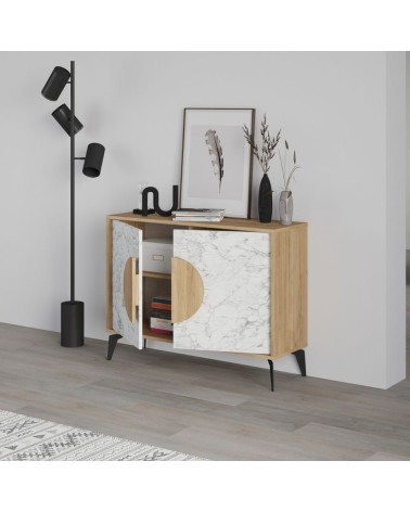 Madia Gora 110 cm struttura colore rovere con ante carrara effetto marmo bianco