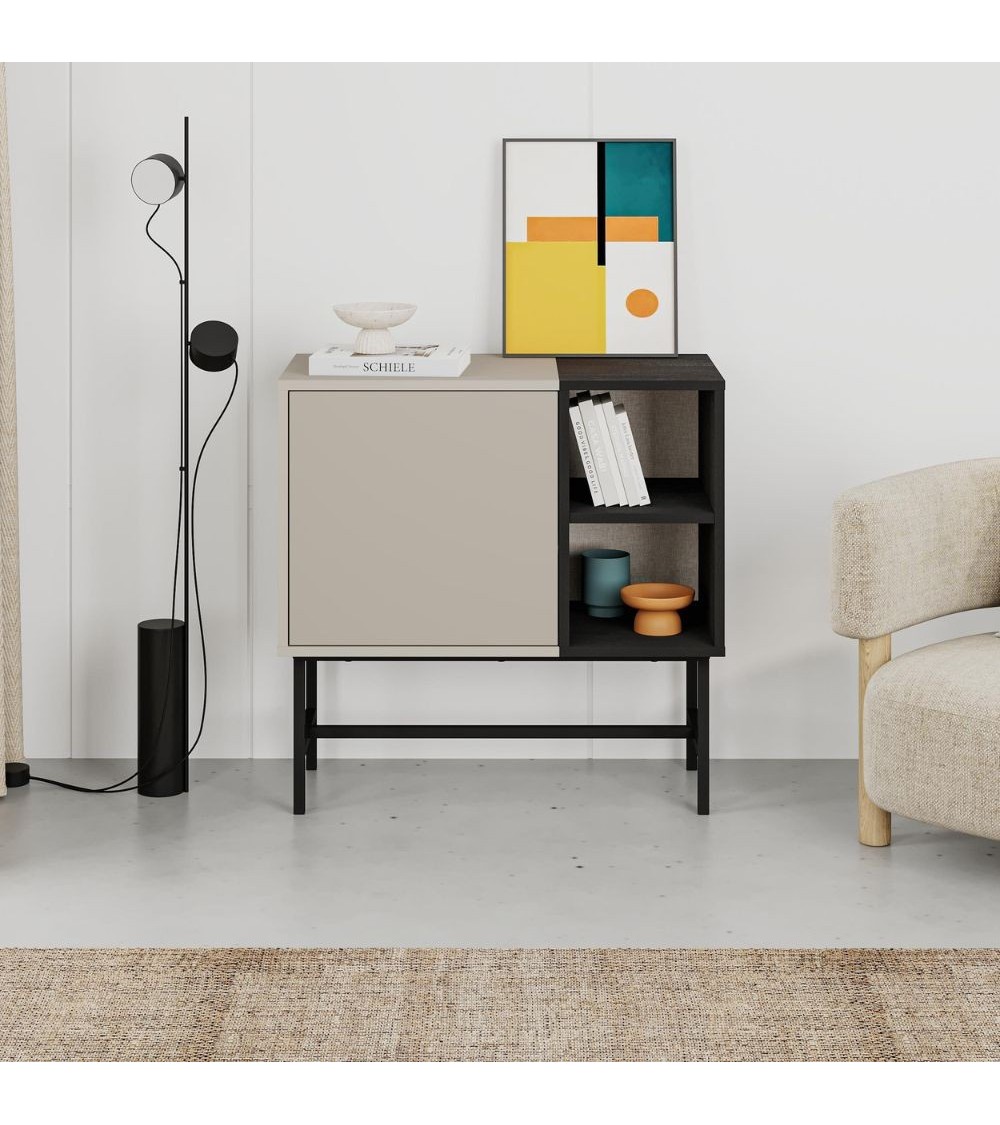 Mobile multiuso Mona Mini con anta cashmere e due nicchie a giorno nere
