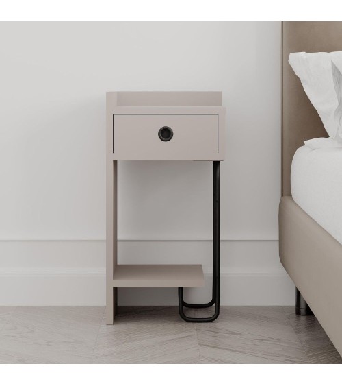 Comodino Sirius con cassetto colore tortora e gamba in metallo nero sinistro