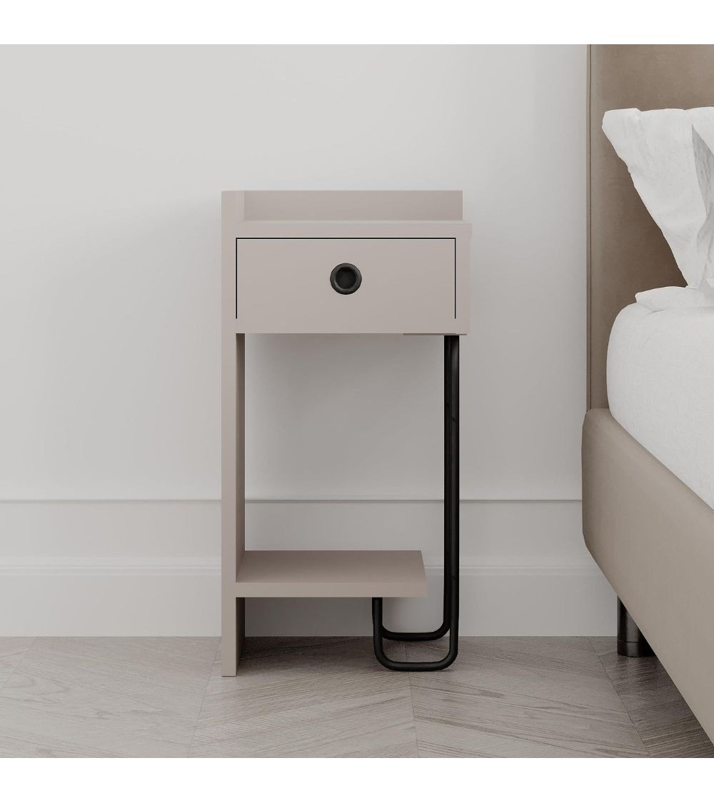 Comodino Sirius con cassetto colore tortora e gamba in metallo nero sinistro