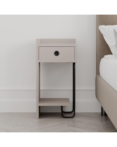 Comodino Sirius con cassetto colore tortora e gamba in metallo nero sinistro