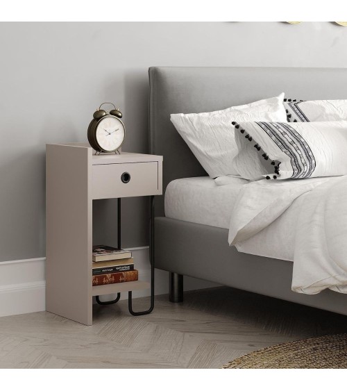 Comodino Sirius con cassetto colore tortora e gamba in metallo nero sinistro