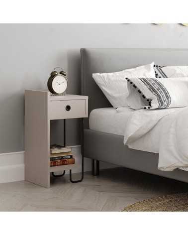 Comodino Sirius con cassetto colore tortora e gamba in metallo nero sinistro