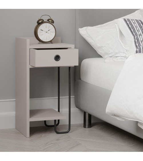 Comodino Sirius con cassetto colore tortora e gamba in metallo nero sinistro