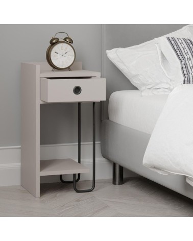 Comodino Sirius con cassetto colore tortora e gamba in metallo nero sinistro