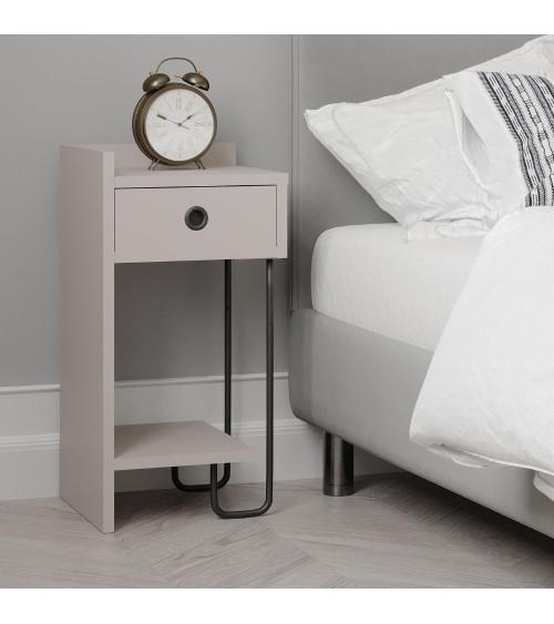 Comodino Sirius con cassetto colore tortora e gamba in metallo nero sinistro