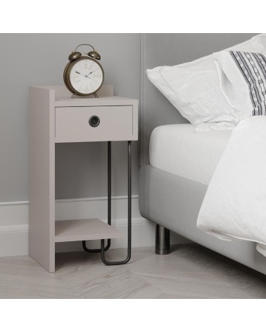 Comodino Sirius con cassetto colore tortora e gamba in metallo nero sinistro