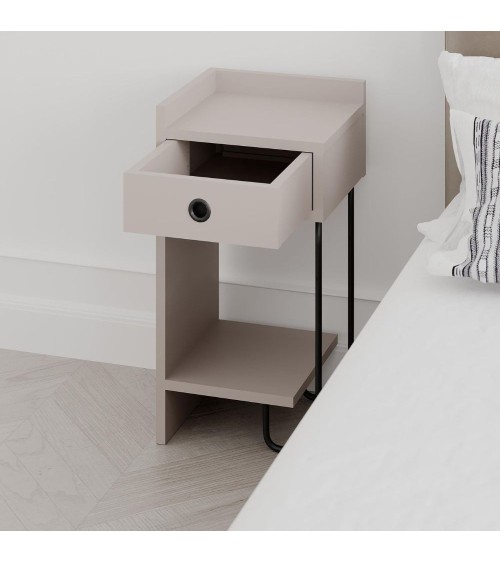 Comodino Sirius con cassetto colore tortora e gamba in metallo nero sinistro