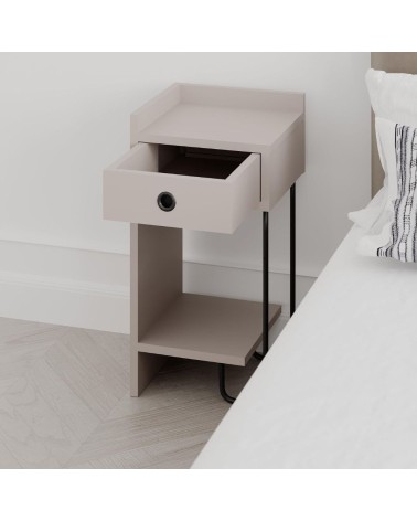 Comodino Sirius con cassetto colore tortora e gamba in metallo nero sinistro