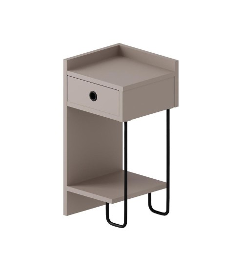 Comodino Sirius con cassetto colore tortora e gamba in metallo nero sinistro