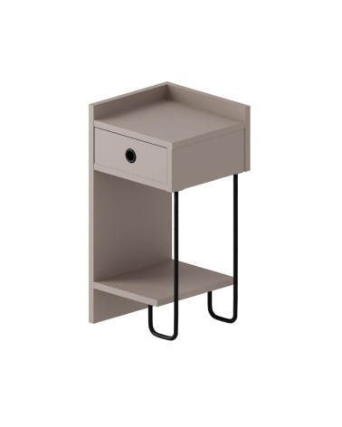 Comodino Sirius con cassetto colore tortora e gamba in metallo nero sinistro