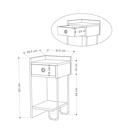 Comodino Sirius con cassetto colore tortora e gamba in metallo nero sinistro