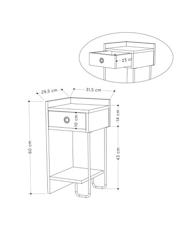 Comodino Sirius con cassetto colore tortora e gamba in metallo nero sinistro