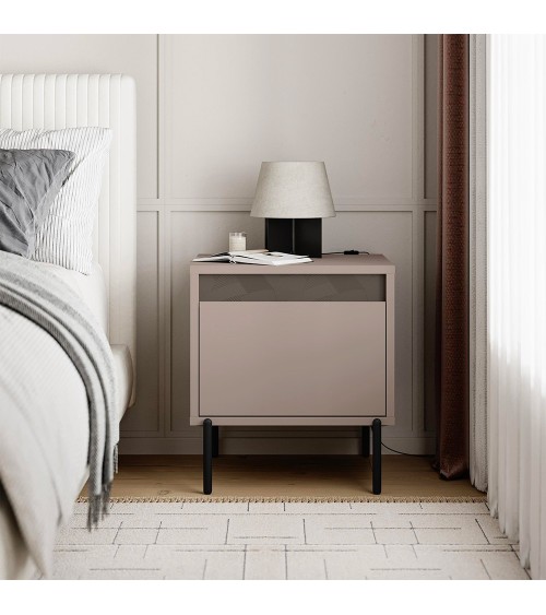 Comodino Mott con cassetto tortora e dark coffee con dettaglio decorativo