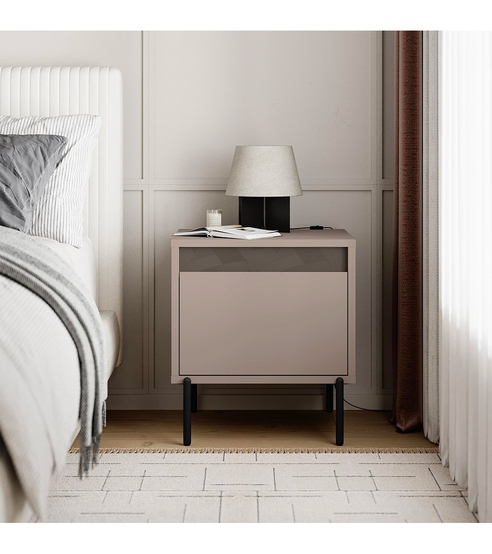 Comodino Mott con cassetto tortora e dark coffee con dettaglio decorativo