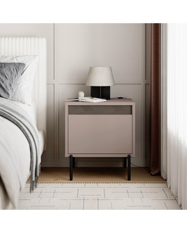 Comodino Mott con cassetto tortora e dark coffee con dettaglio decorativo