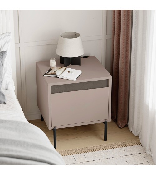 Comodino Mott con cassetto tortora e dark coffee con dettaglio decorativo