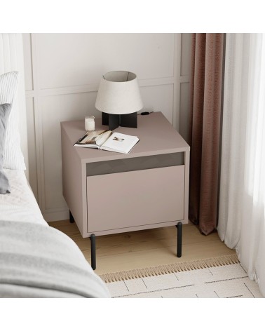 Comodino Mott con cassetto tortora e dark coffee con dettaglio decorativo