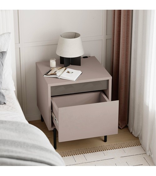Comodino Mott con cassetto tortora e dark coffee con dettaglio decorativo