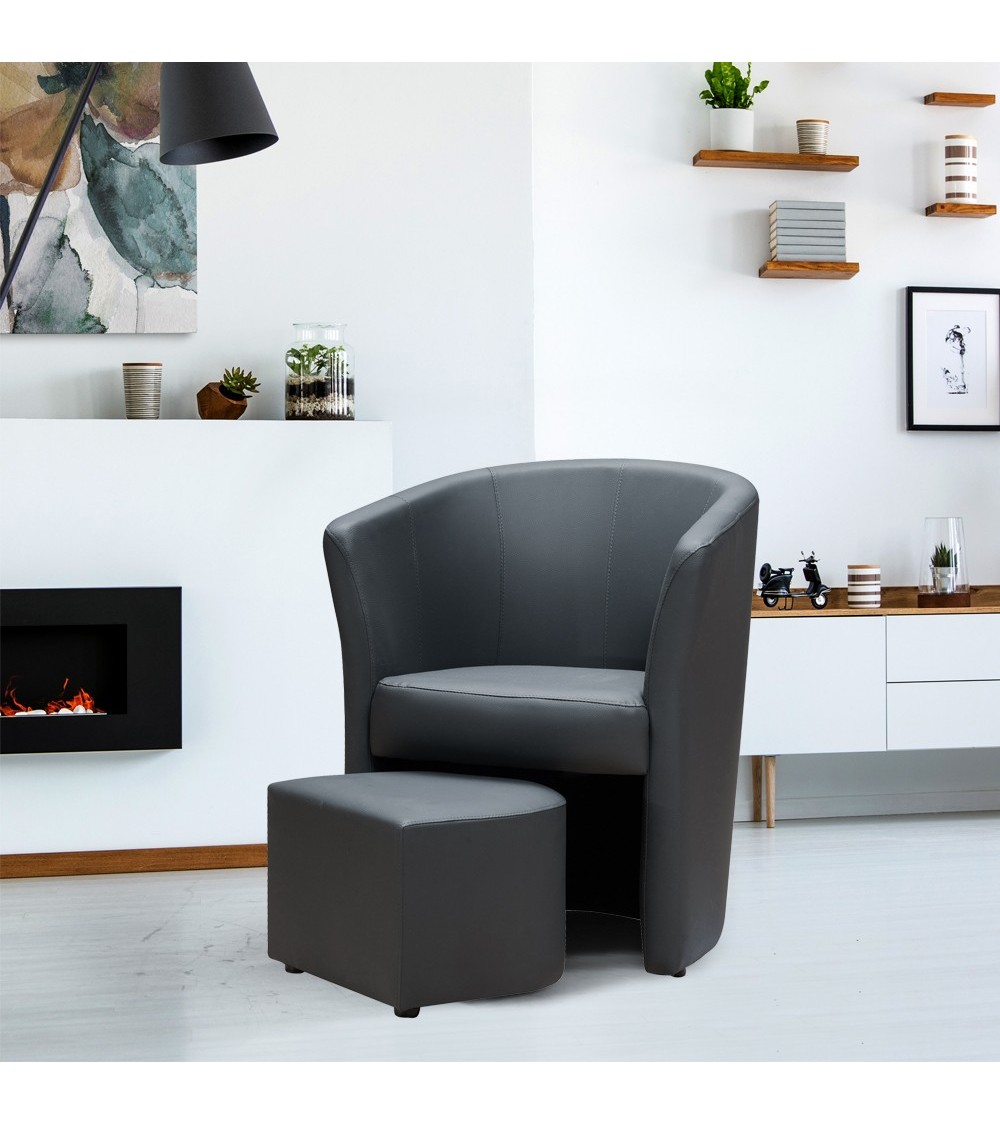 Poltrona Pegasus con pouf estraibile in ecopelle grigio scuro