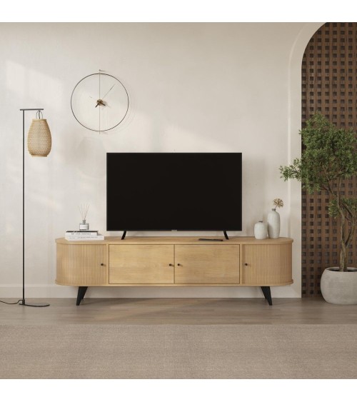 Mobile porta tv Gentle con 2 ante battenti e 2 ante scorrevoli con listelli verticali colore rovere