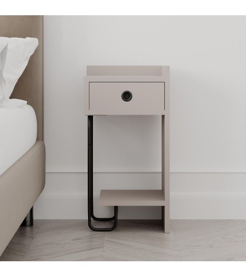 Comodino Sirius con cassetto tortora e gamba in metallo nero destro