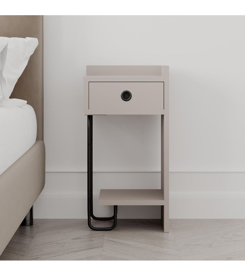 Comodino Sirius con cassetto tortora e gamba in metallo nero destro