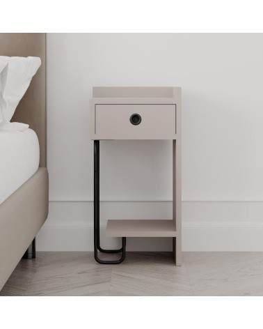 Comodino Sirius con cassetto tortora e gamba in metallo nero destro