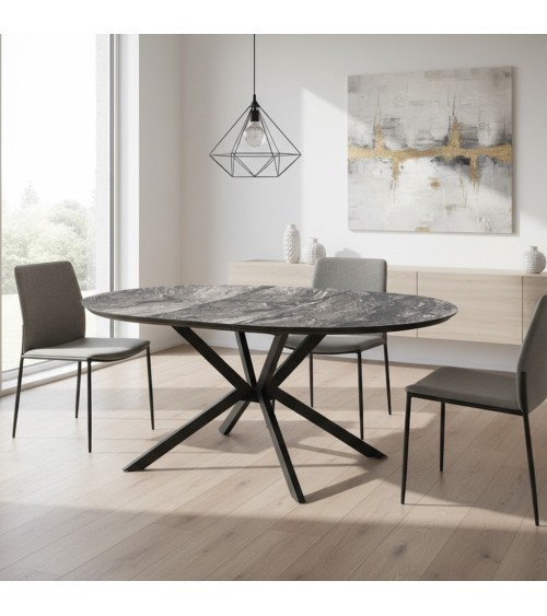 Tavolo allungabile Dobok con allunga 34 cm colore piano effetto marmo nero arabesque lucido e gambe in metallo nero