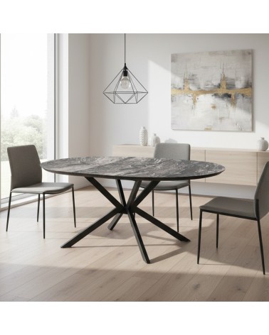 Tavolo allungabile Dobok con allunga 34 cm colore piano effetto marmo nero arabesque lucido e gambe in metallo nero