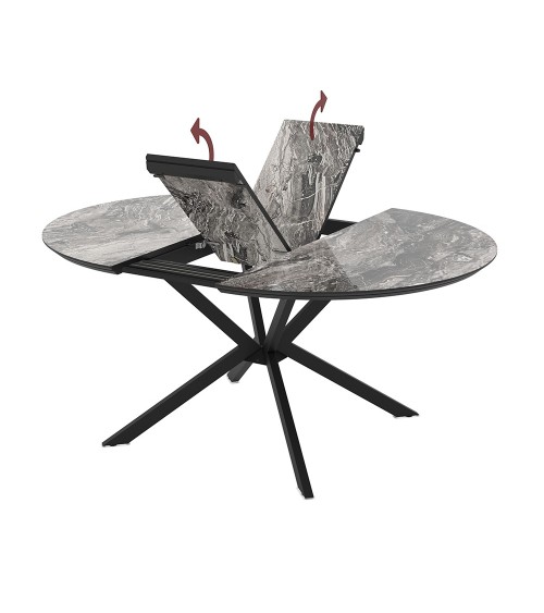 Tavolo allungabile Dobok con allunga 34 cm colore piano effetto marmo nero arabesque lucido e gambe in metallo nero