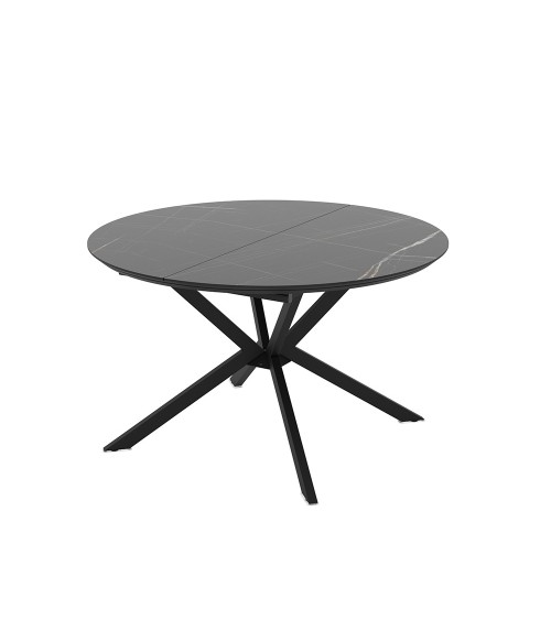 Tavolo allungabile Dobok con allunga 34 cm con piano effetto marmo nero con dettagli oro lucido e gambe in metallo nero