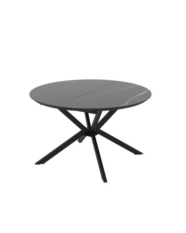 Tavolo allungabile Dobok con allunga 34 cm con piano effetto marmo nero con dettagli oro lucido e gambe in metallo nero