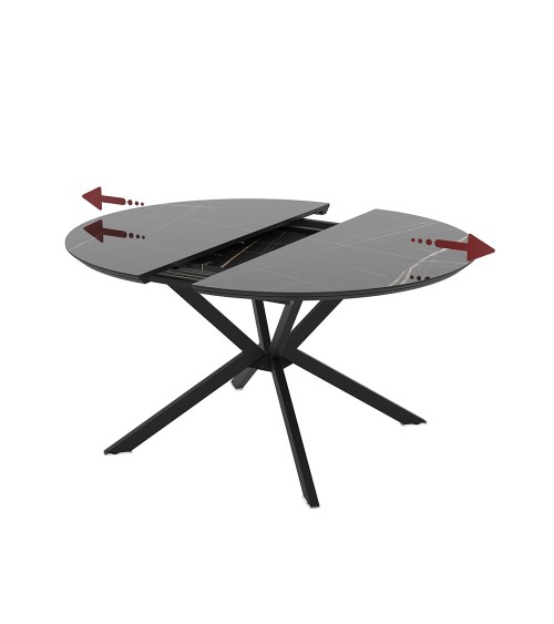 Tavolo allungabile Dobok con allunga 34 cm con piano effetto marmo nero con dettagli oro lucido e gambe in metallo nero