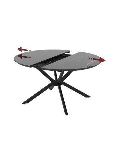 Tavolo allungabile Dobok con allunga 34 cm con piano effetto marmo nero con dettagli oro lucido e gambe in metallo nero