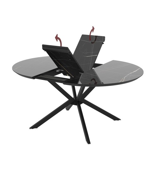 Tavolo allungabile Dobok con allunga 34 cm con piano effetto marmo nero con dettagli oro lucido e gambe in metallo nero