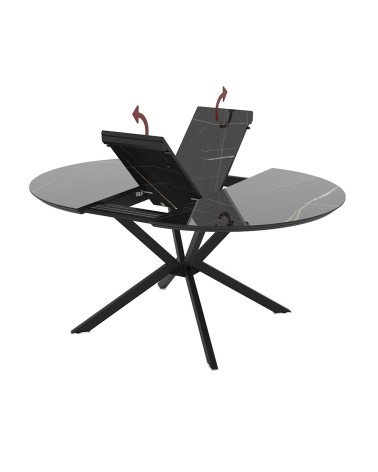Tavolo allungabile Dobok con allunga 34 cm con piano effetto marmo nero con dettagli oro lucido e gambe in metallo nero