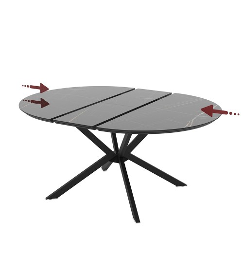 Tavolo allungabile Dobok con allunga 34 cm con piano effetto marmo nero con dettagli oro lucido e gambe in metallo nero