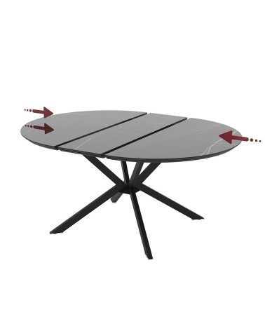 Tavolo allungabile Dobok con allunga 34 cm con piano effetto marmo nero con dettagli oro lucido e gambe in metallo nero