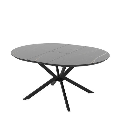 Tavolo allungabile Dobok con allunga 34 cm con piano effetto marmo nero con dettagli oro lucido e gambe in metallo nero