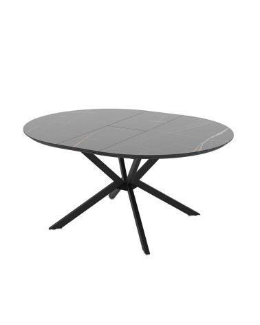 Tavolo allungabile Dobok con allunga 34 cm con piano effetto marmo nero con dettagli oro lucido e gambe in metallo nero