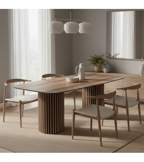 Tavolo fisso Oslo con piano noce e struttura in legno e nero