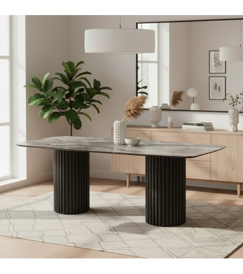Tavolo fisso Oslo con piano effetto marmo nero arabesque e struttura in legno nero