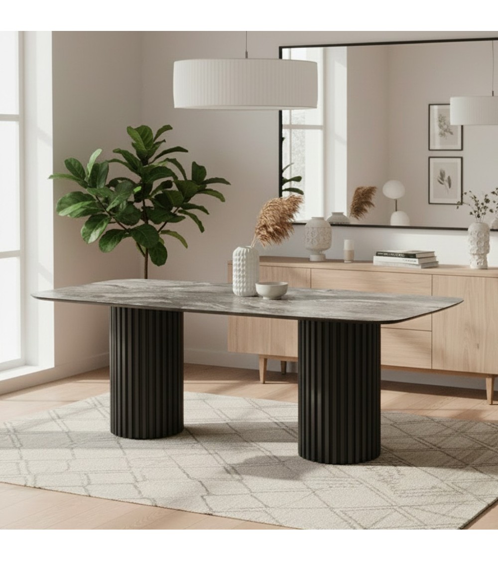 Tavolo fisso Oslo con piano effetto marmo nero arabesque e struttura in legno nero