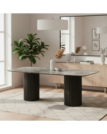 Tavolo fisso Oslo con piano effetto marmo nero arabesque e struttura in legno nero