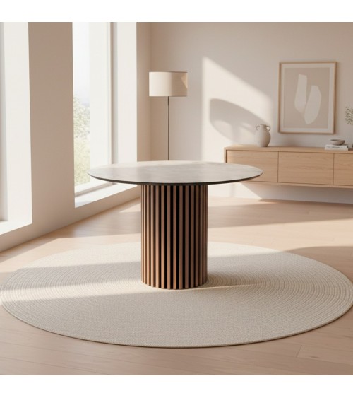 Tavolo Olympus con piano effetto marmo bianco mola e struttura in legno e nero