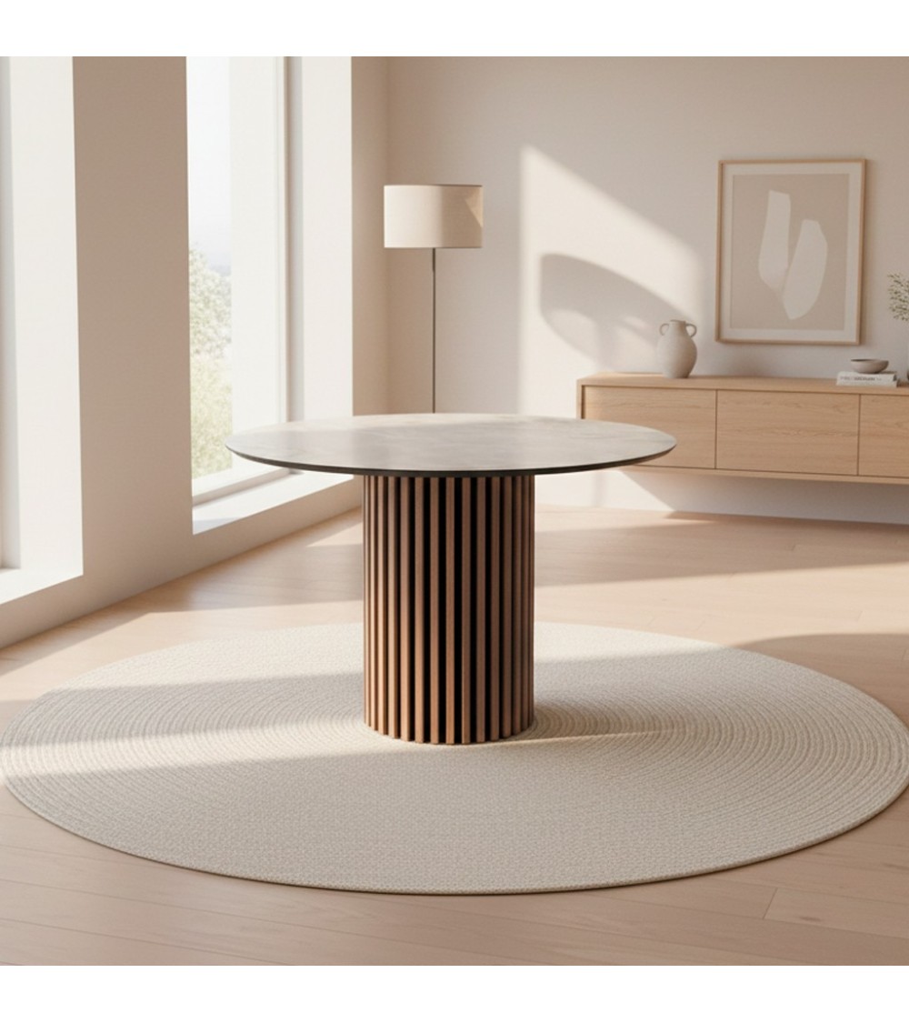 Tavolo Olympus con piano effetto marmo bianco mola e struttura in legno e nero
