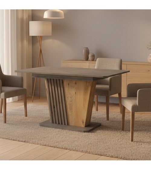 Tavolo allungabile Luna con piano e base colore cemento e gamba in rovere con dettaglio listellare