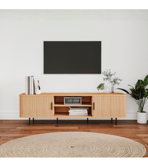 Mobile porta tv Kajsa 56B con ante scorrevoli listellate  e vani a giorno colore rovere